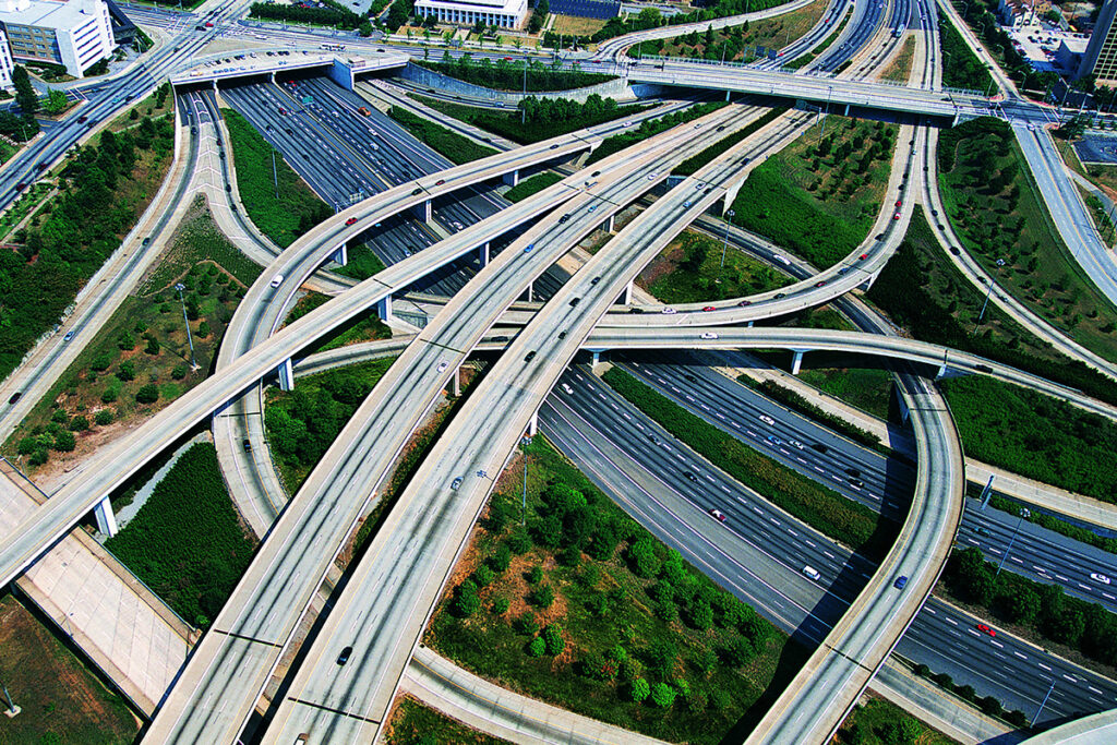 Elevated roadways intertwine in the city of Atlanta, Georgia.